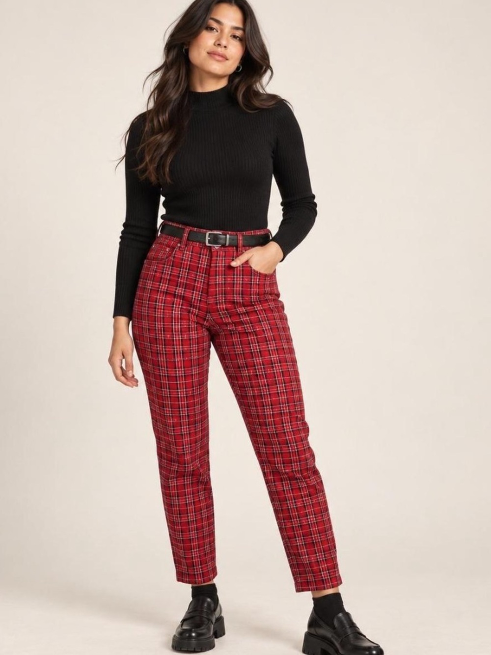 Hollister Ultra High Rise Advanced Stretch Tartan Red Plaid Pants Pockets,Size L